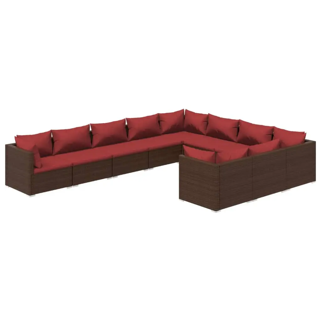 10 Piece Patio Lounge Set Cushions Poly Rattan Brown Outdoor Seating