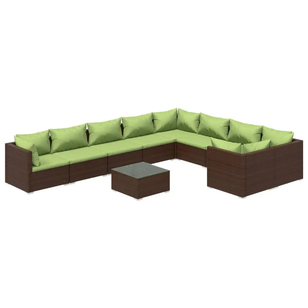 10 Piece Patio Lounge Set Cushions Poly Rattan Brown Outdoor Furniture
