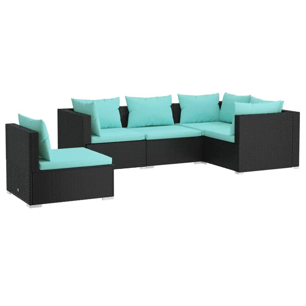 5 Piece Patio Lounge Set Cushions Poly Rattan Black Outdoor Furniture