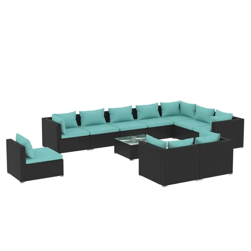 11 Piece Patio Lounge Set Cushions Poly Rattan Black Outdoor Furniture
