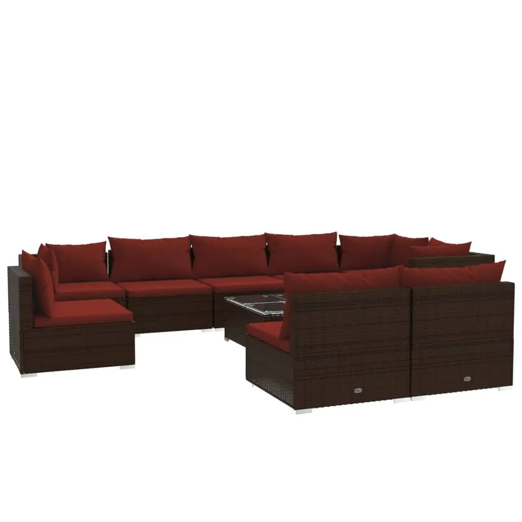 10 Piece Patio Lounge Set Cushions Poly Rattan Brown Outdoor Furniture