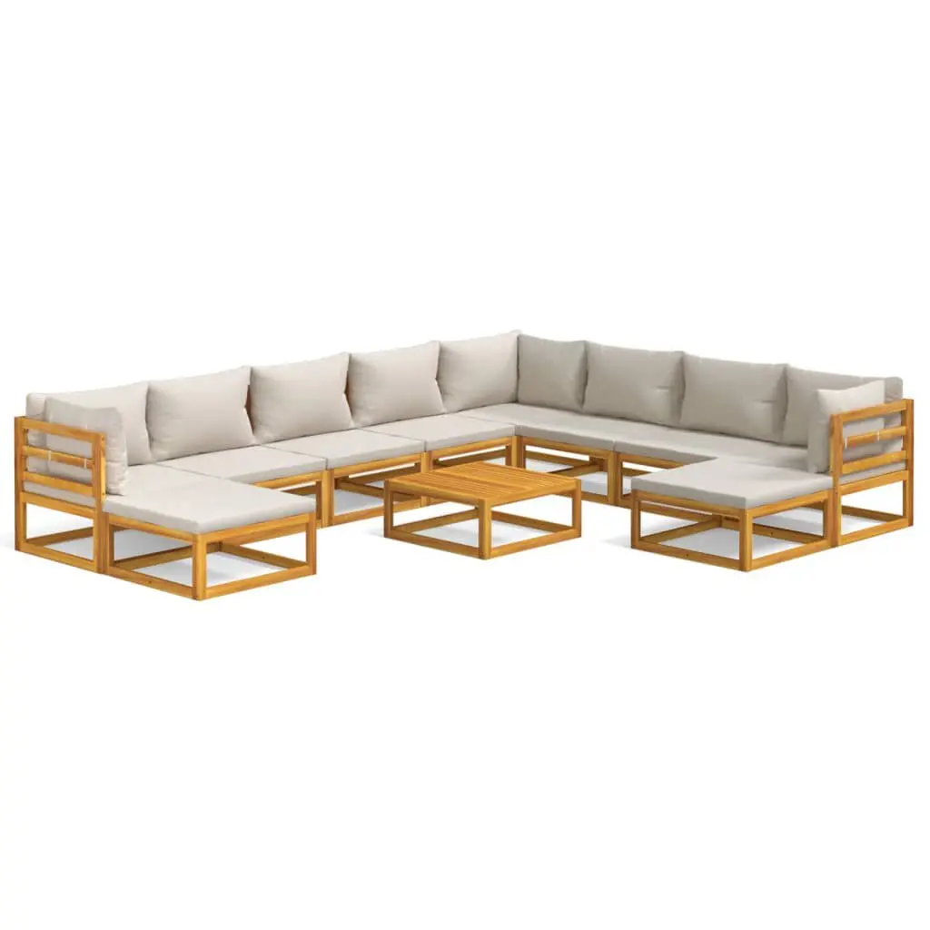 11 Piece Patio Lounge Set Light Gray Cushions Solid Wood Outdoor Furniture