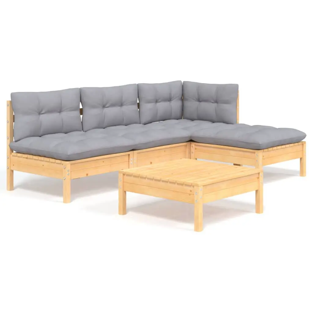5 Piece Pinewood Patio Lounge Set Gray Cushions Outdoor Relaxation