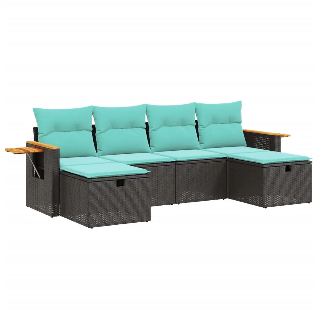 6 Piece Patio Sofa Set Cushions Black Poly Rattan Outdoor Sectional