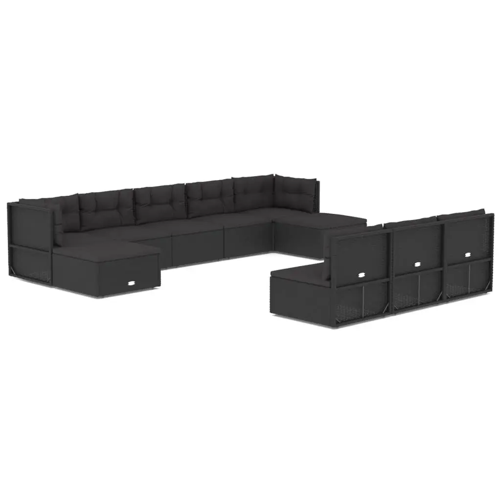 10-Piece Patio Lounge Set Cushions Black Poly Rattan Outdoor Furniture