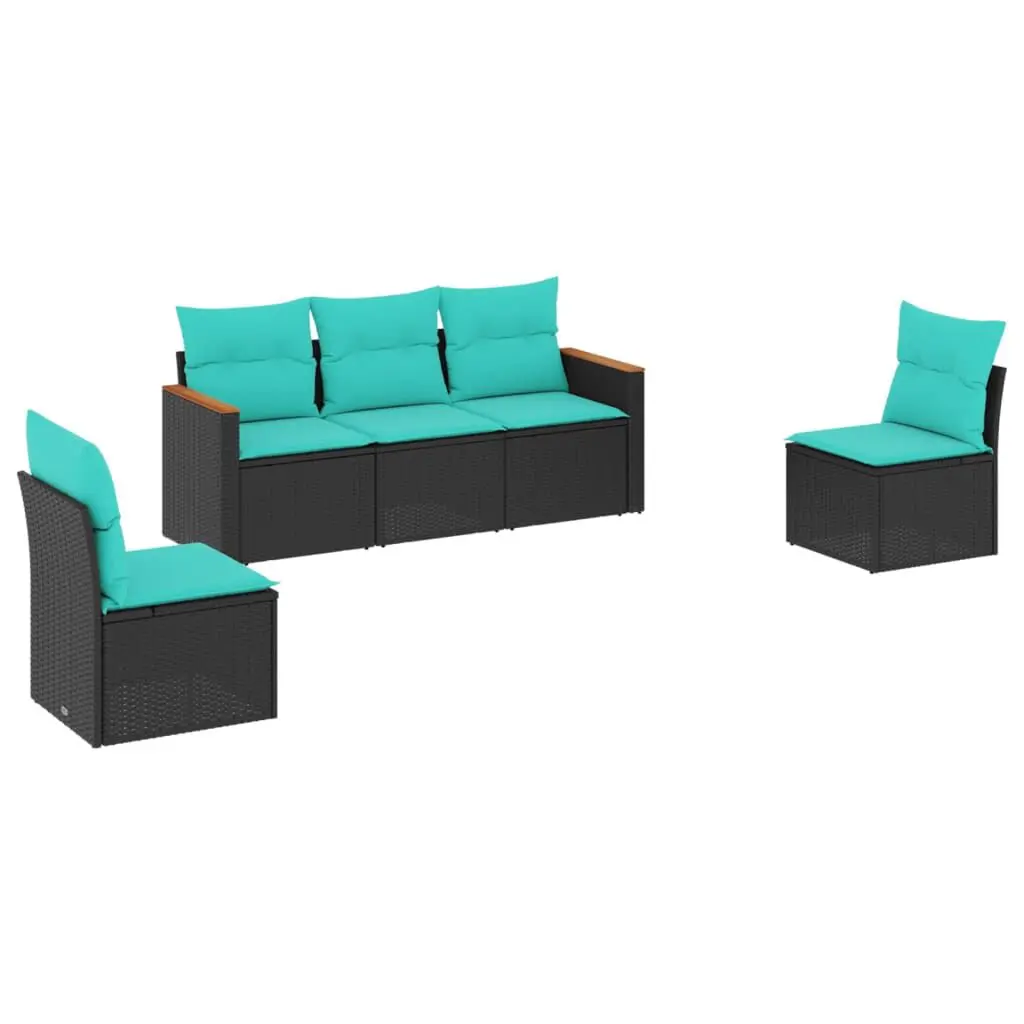 5 Piece Black Poly Rattan Patio Sofa Set Cushions Complete Outdoor Lounge