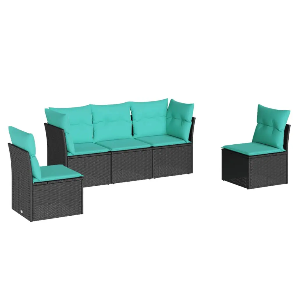 5 Piece Black Poly Rattan Patio Sofa Set Cushions Outdoor Bistro