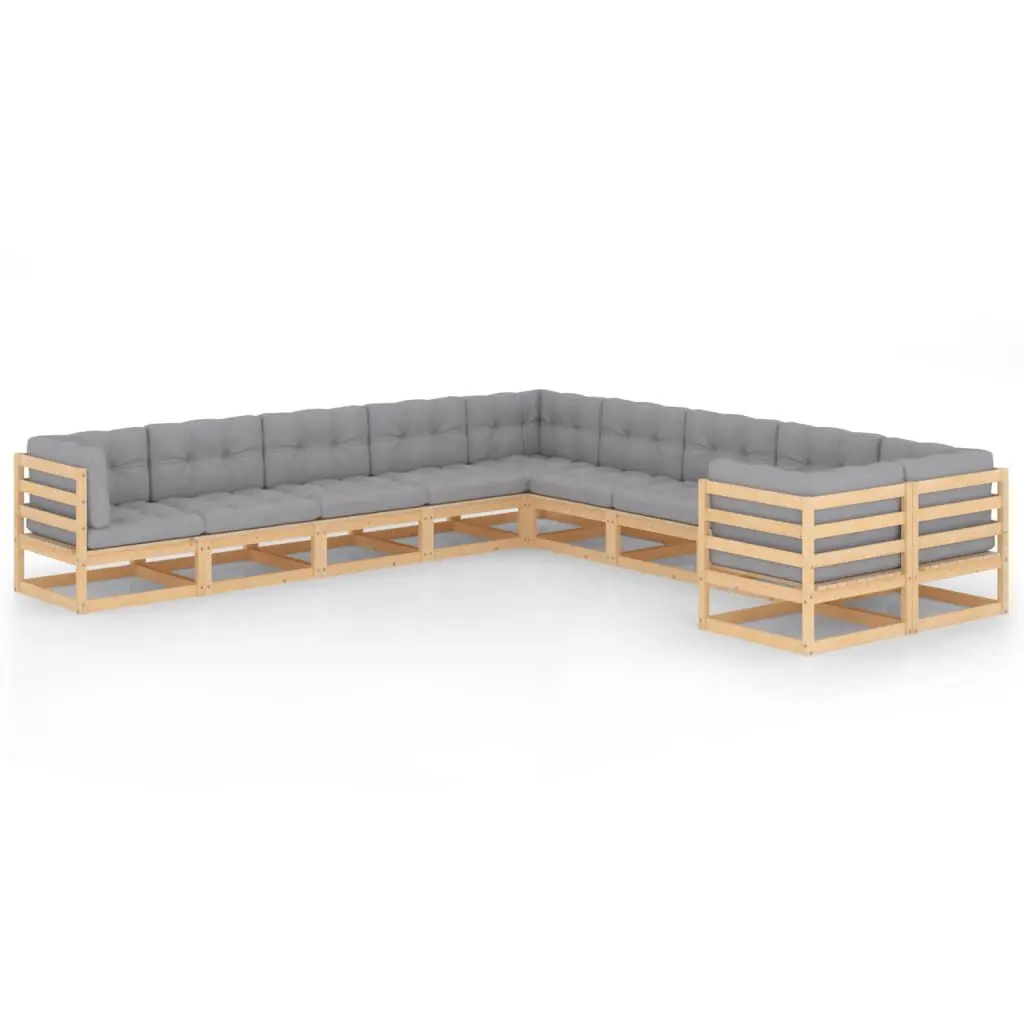 10 Piece Cushioned Solid Pinewood Patio Lounge Set Outdoor Furniture
