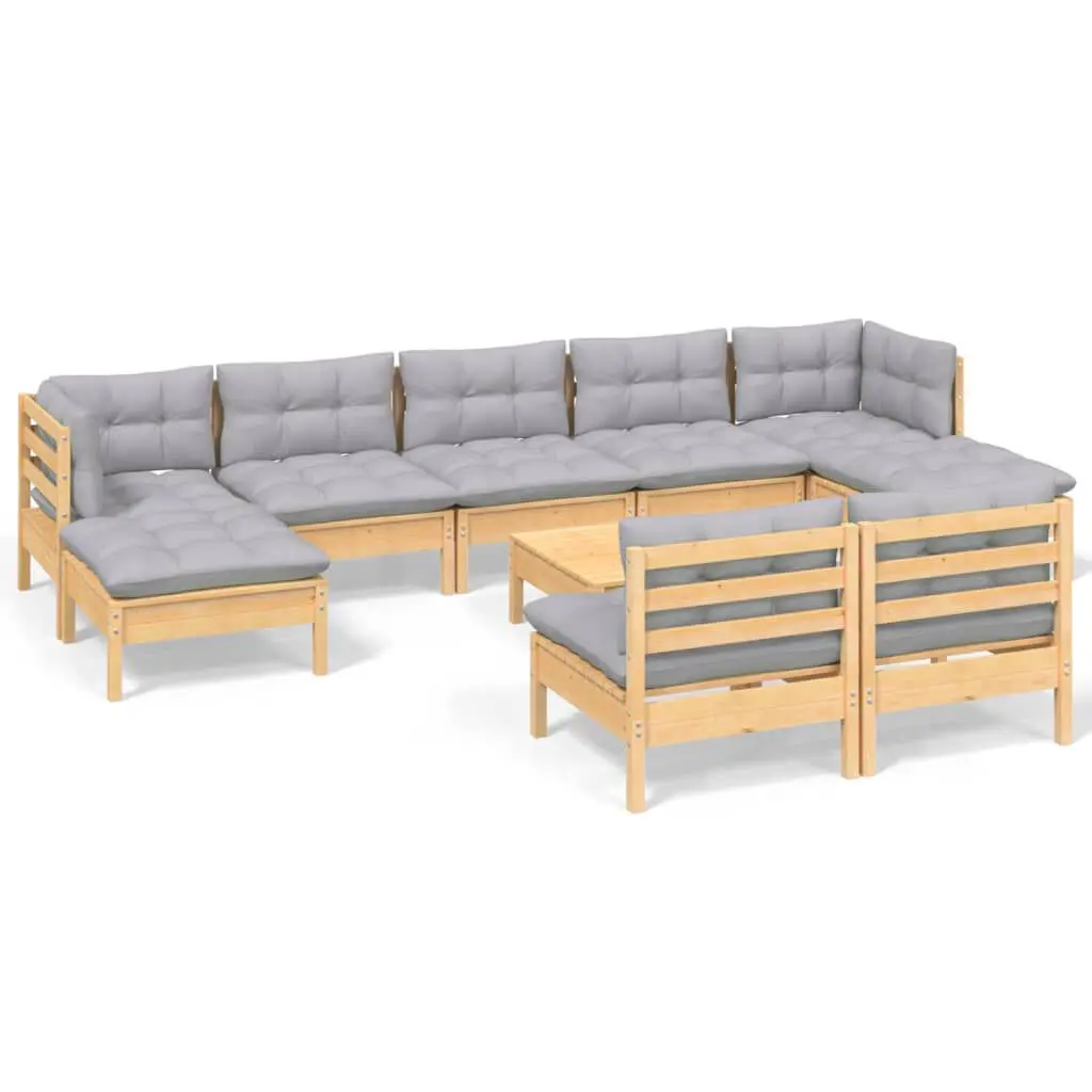 10 Piece Gray Pinewood Patio Lounge Set Cushions Backyard