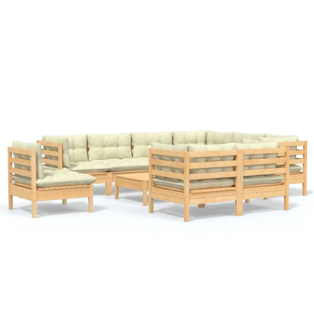 10 Piece Patio Lounge Set Cream Cushions Solid Pinewood Outdoor Furniture