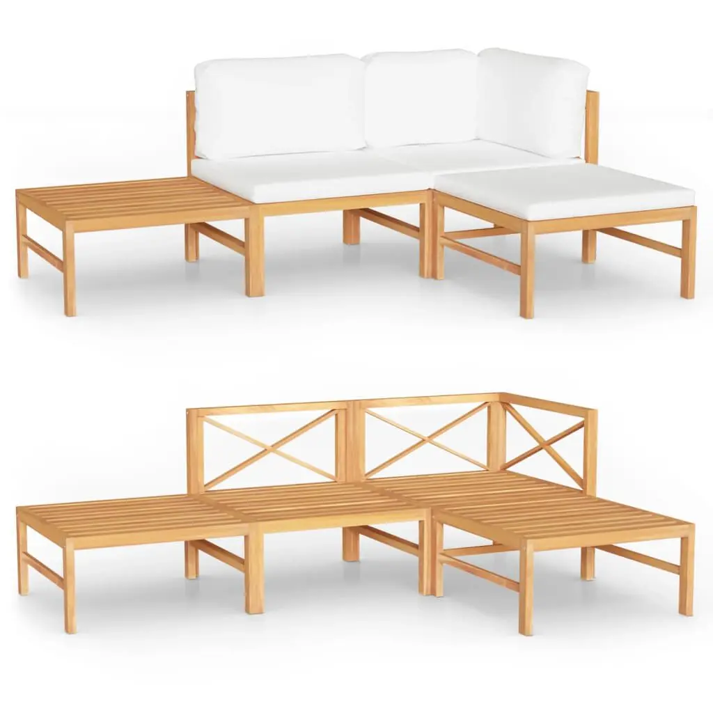 4 Piece Patio Lounge Set Cream Cushions Solid Teak Wood Outdoor Furniture