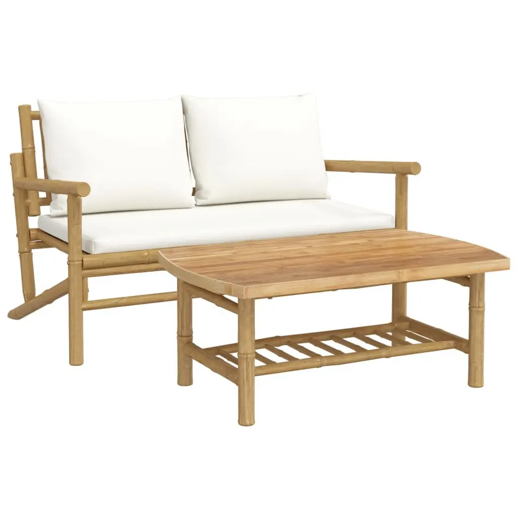 2 Piece Patio Lounge Set Cream White Cushions Bamboo Outdoor Furniture