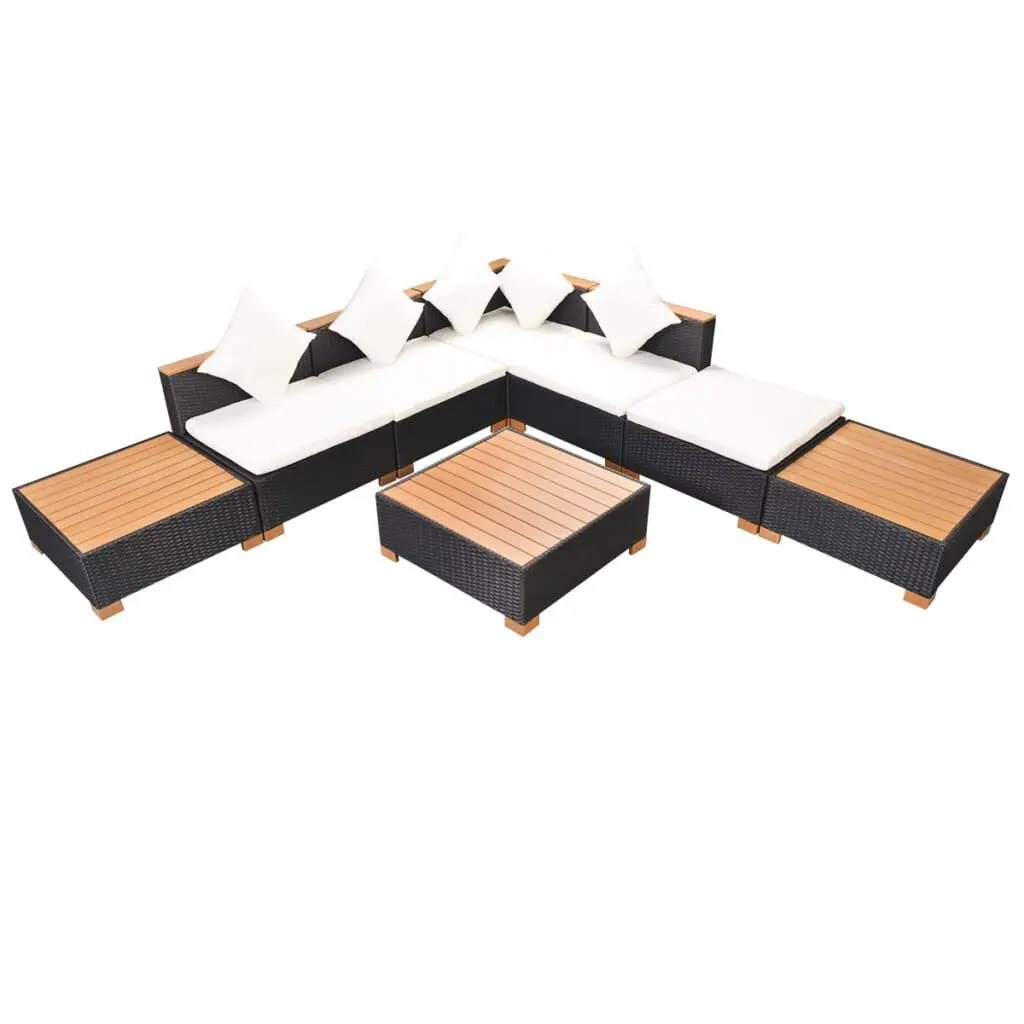 8 Piece Patio Lounge Set Cushions Black Poly Rattan Outdoor Seating
