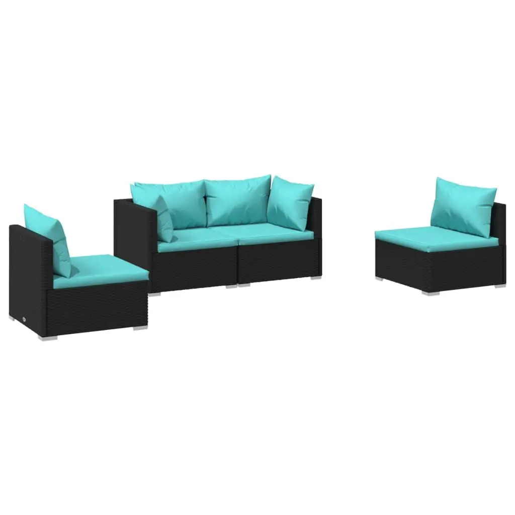 4 Piece Patio Lounge Set Cushions Black Poly Rattan Furniture