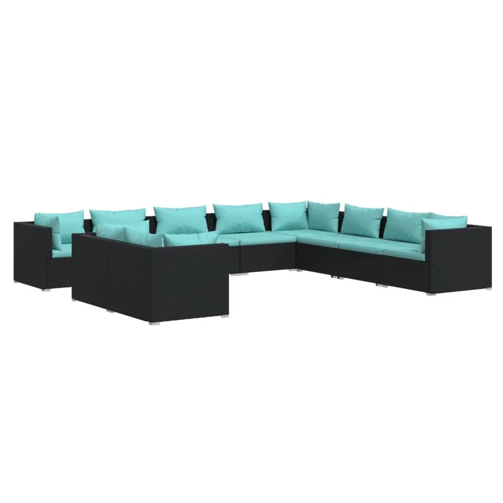 10 Piece Patio Lounge Set Cushions Black Poly Rattan Outdoor Furniture