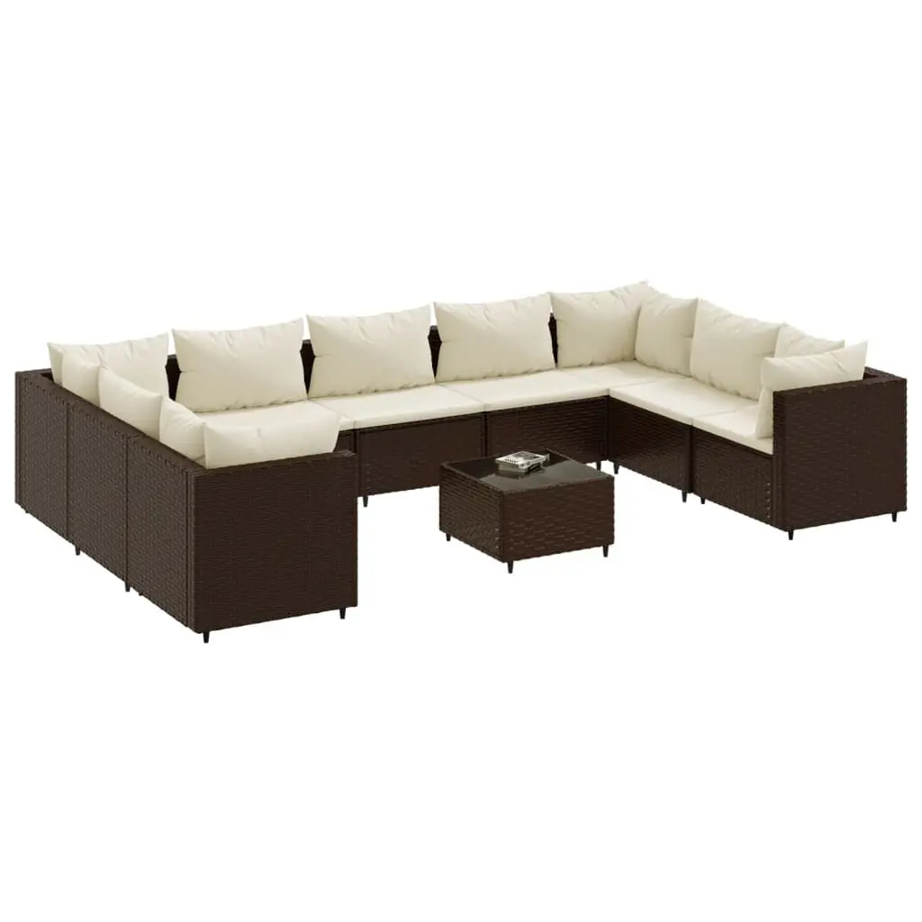 10 Piece Patio Lounge Set Cushions Brown Poly Rattan Outdoor Furniture Ensemble