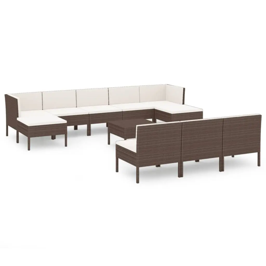 11 Piece Patio Lounge Set Cushions Brown Poly Rattan Outdoor Furniture