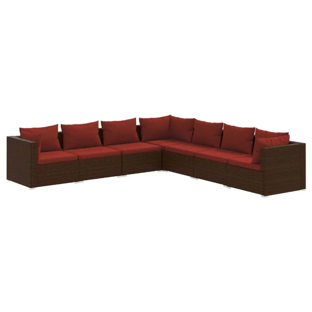 7 Piece Patio Lounge Set Cushions Brown Poly Rattan Garden Furniture