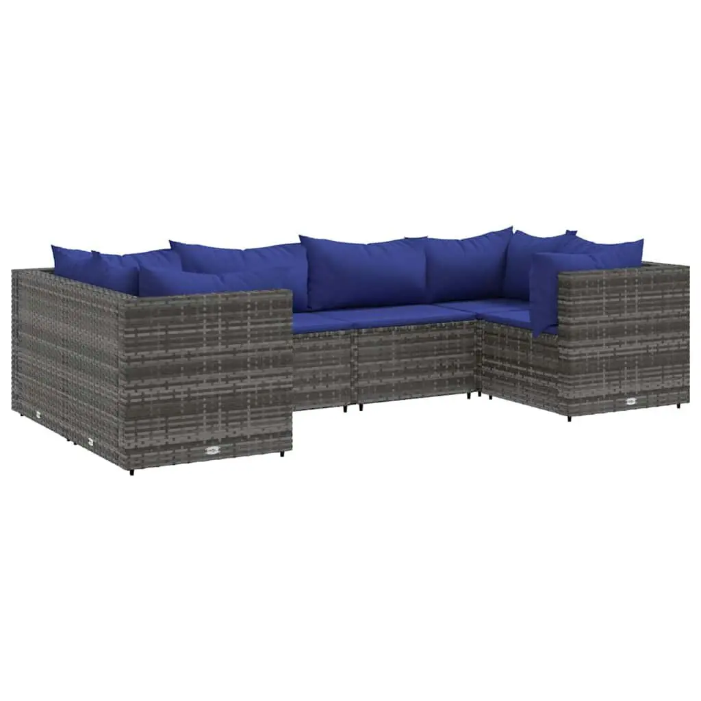 6 Piece Patio Lounge Set Cushions Gray Poly Rattan Outdoor Seating