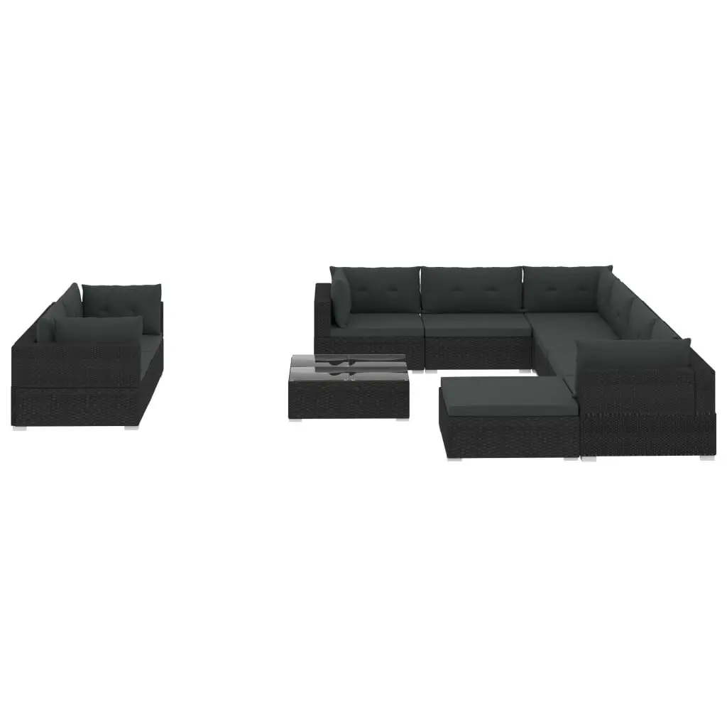 10 Piece Patio Lounge Set Cushions Poly Rattan Black Outdoor Furniture