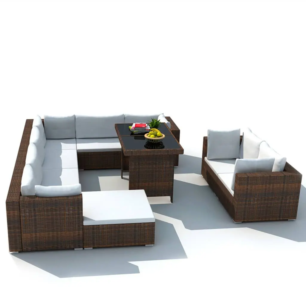 10 Piece Patio Lounge Set Cushions Poly Rattan Brown Outdoor Living