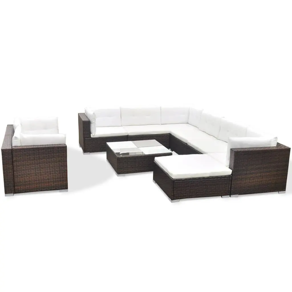 10 Piece Patio Lounge Set Cushions Poly Rattan Brown Outdoor Furniture