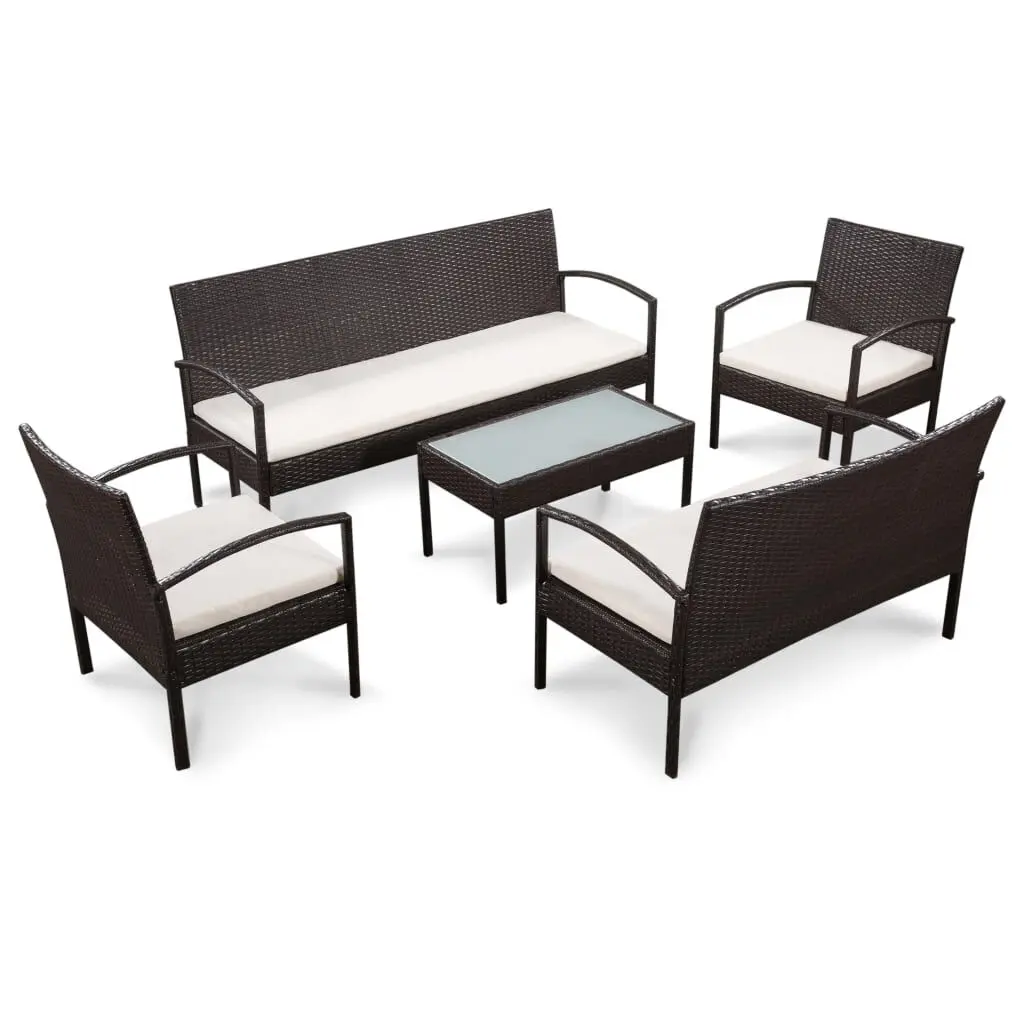 5 Piece Patio Lounge Set Cushions Poly Rattan Brown Outdoor Conversation Set