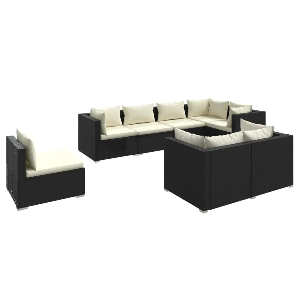 8 Piece Patio Lounge Set Cushions Poly Rattan Black Outdoor Furniture