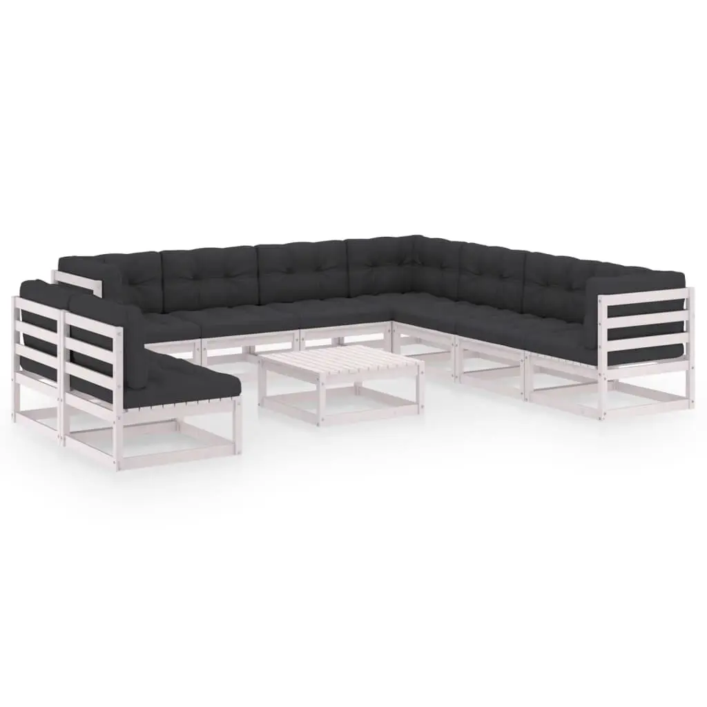 10 Piece Patio Lounge Set Cushions White Solid Wood Pine Outdoor Furniture