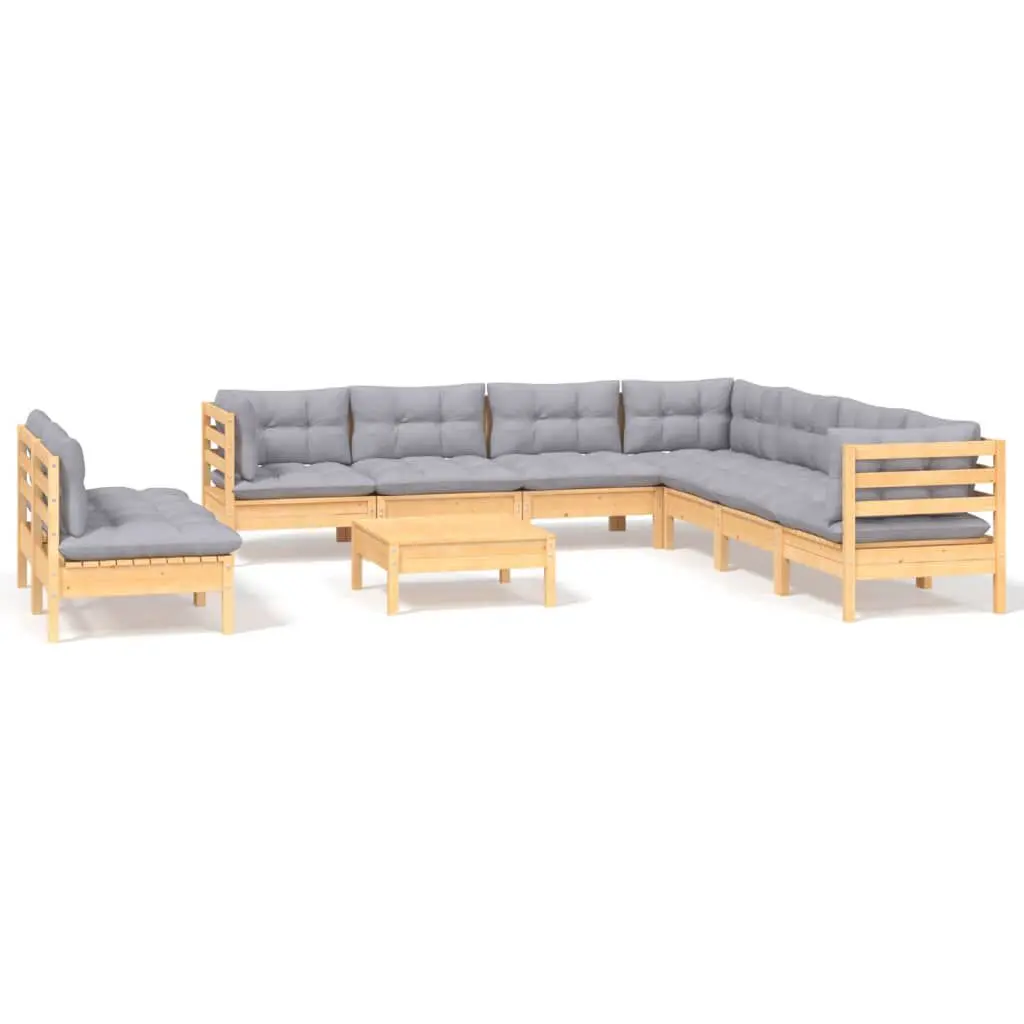 10 Piece Patio Lounge Set Gray Cushions Solid Pinewood Outdoor Furniture