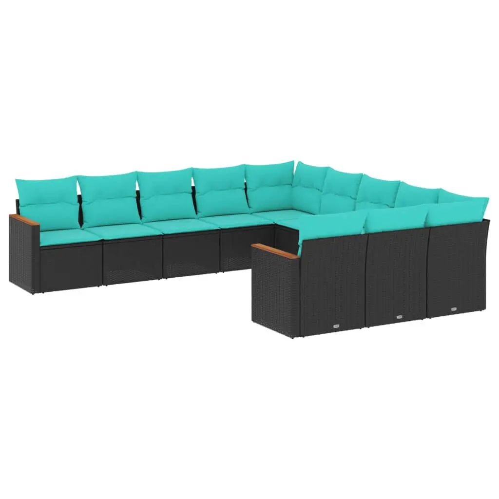 11 Piece Patio Sofa Set Cushions Black Poly Rattan Large Outdoor Sectional