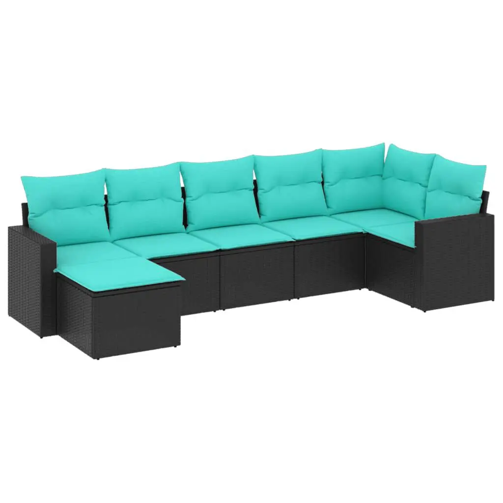 7 Piece Patio Sofa Set Cushions Black Poly Rattan Modern Outdoor Furniture