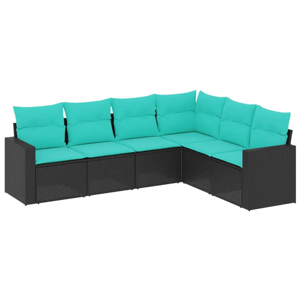 6 Piece Patio Sofa Set Cushions Black Poly Rattan Outdoor Conversation Set