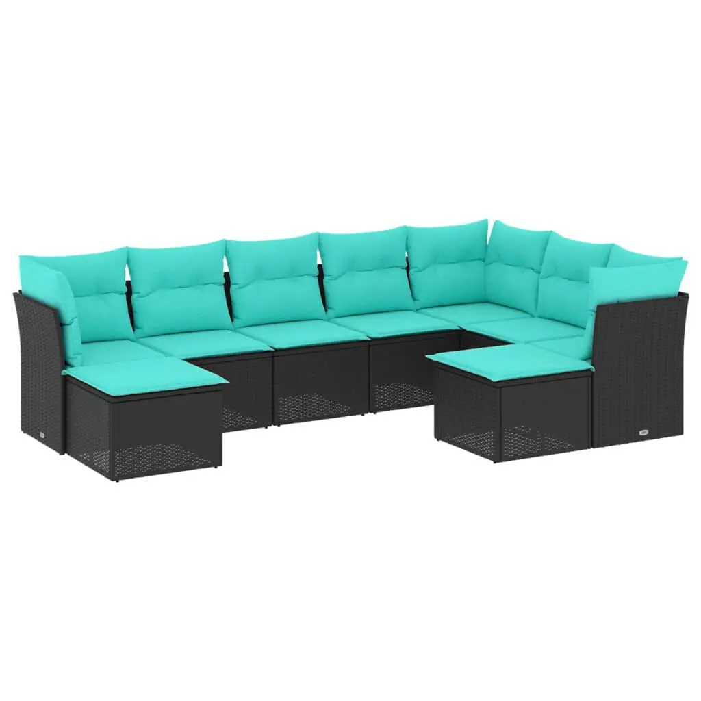 9 Piece Patio Sofa Set Cushions Black Poly Rattan Outdoor Furniture