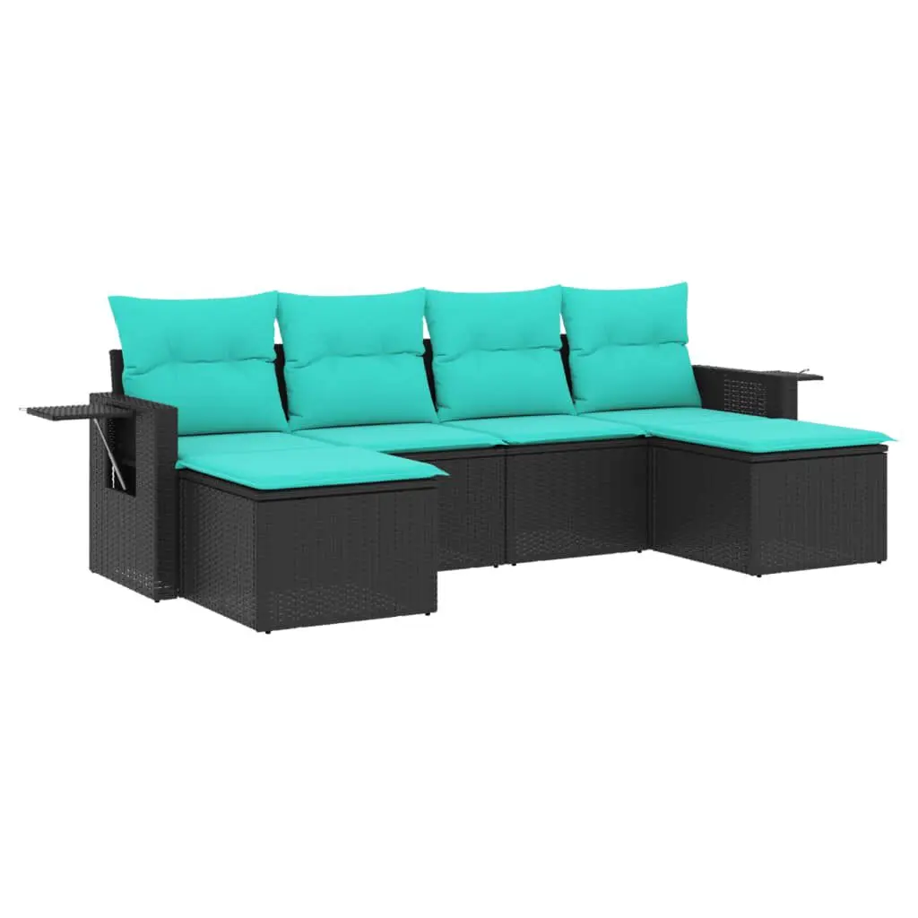 6 Piece Patio Sofa Set Cushions Black Poly Rattan Outdoor Furniture