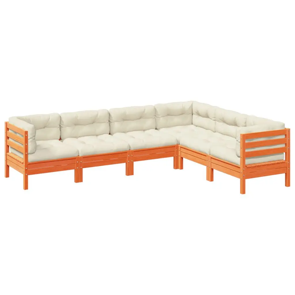 6 Piece Patio Sofa Set Cushions Wax Brown Solid Wood Pine Outdoor Sectional