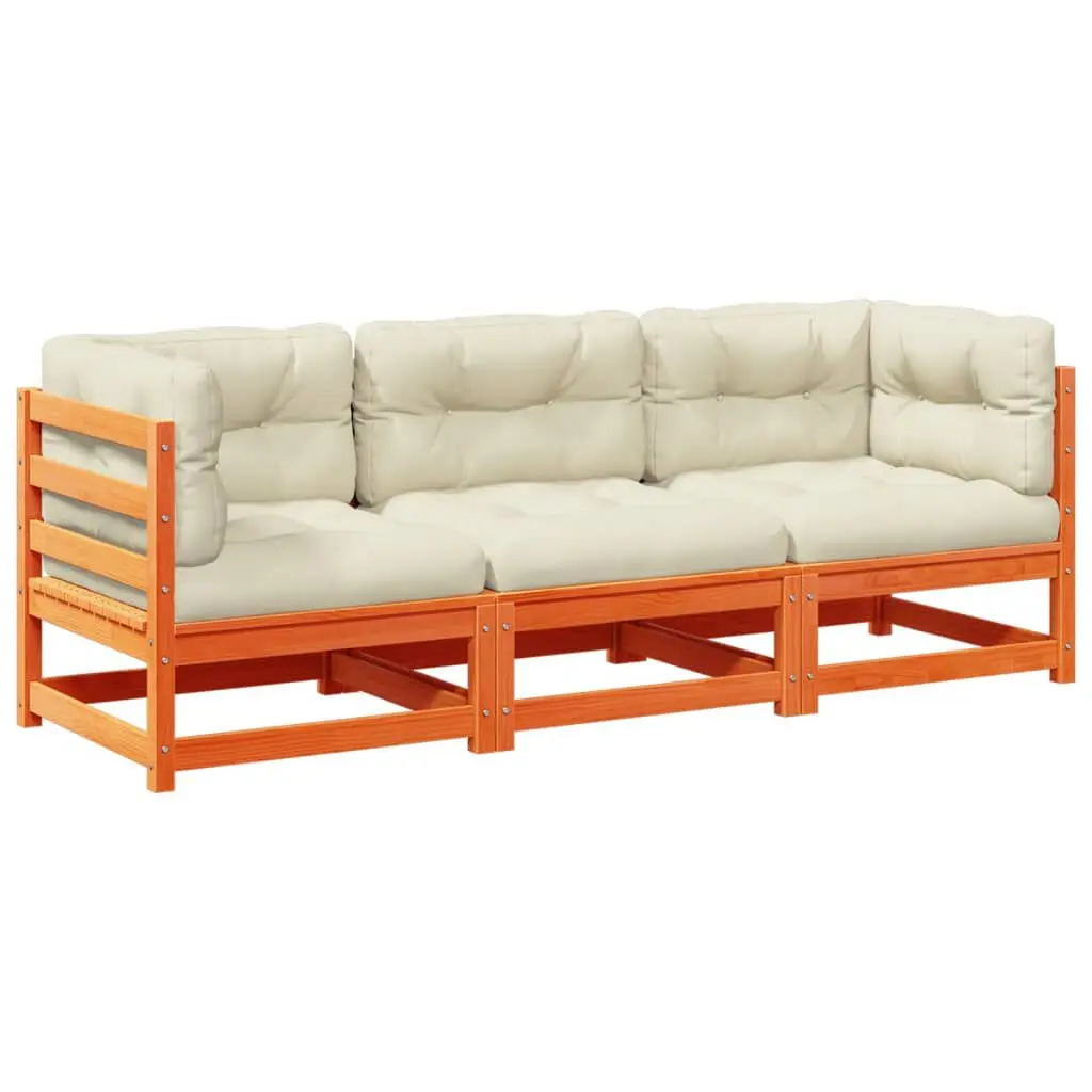 3 Piece Patio Sofa Set Cushions Wax Brown Solid Wood Pine Outdoor Furniture