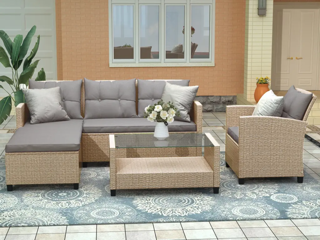 Outdoor Patio 4 Piece Conversation Set Wicker Rattan Furniture u_style