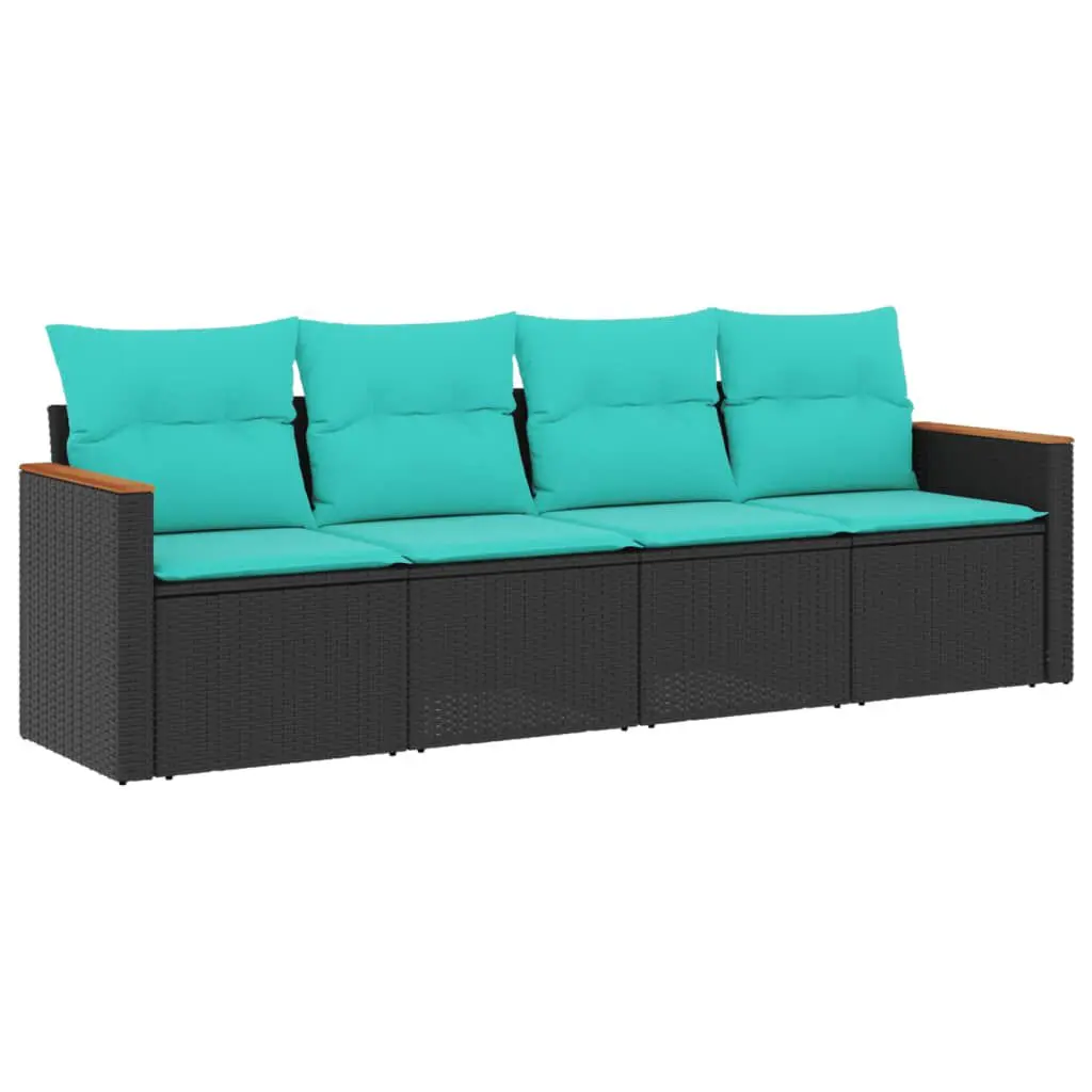 4 Piece Black Poly Rattan Patio Sofa Set Cushions