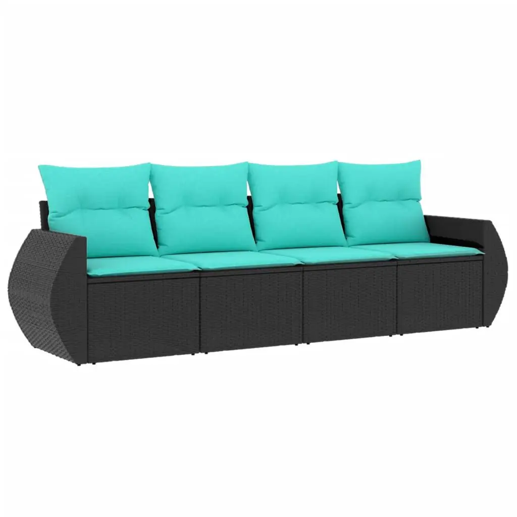 4 Piece Patio Sofa Set Cushions Black Poly Rattan Outdoor Living Room Furniture