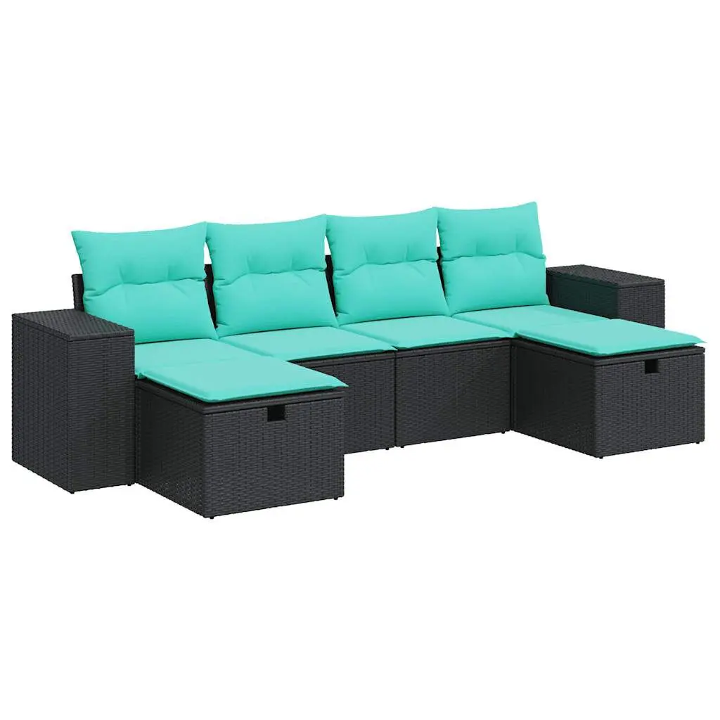 6 Piece Patio Sofa Set Cushions Black Poly Rattan Outdoor Furniture