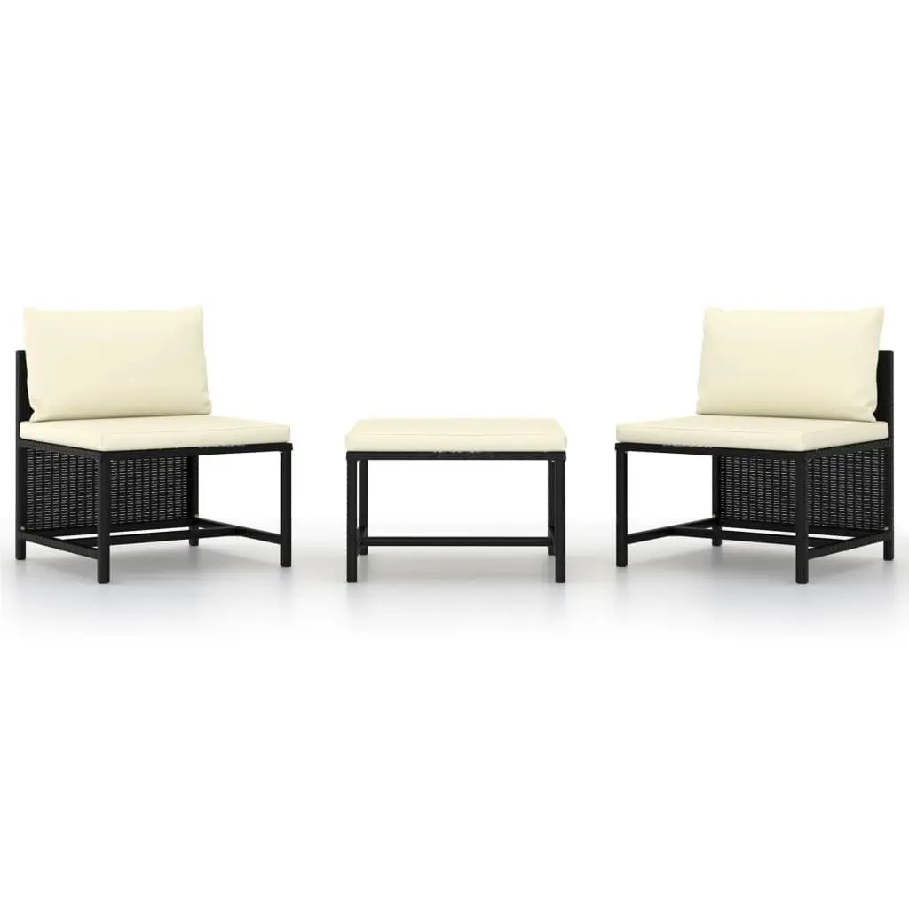 3 Piece Patio Sofa Set Cushions Black Poly Rattan Outdoor Conversation Set
