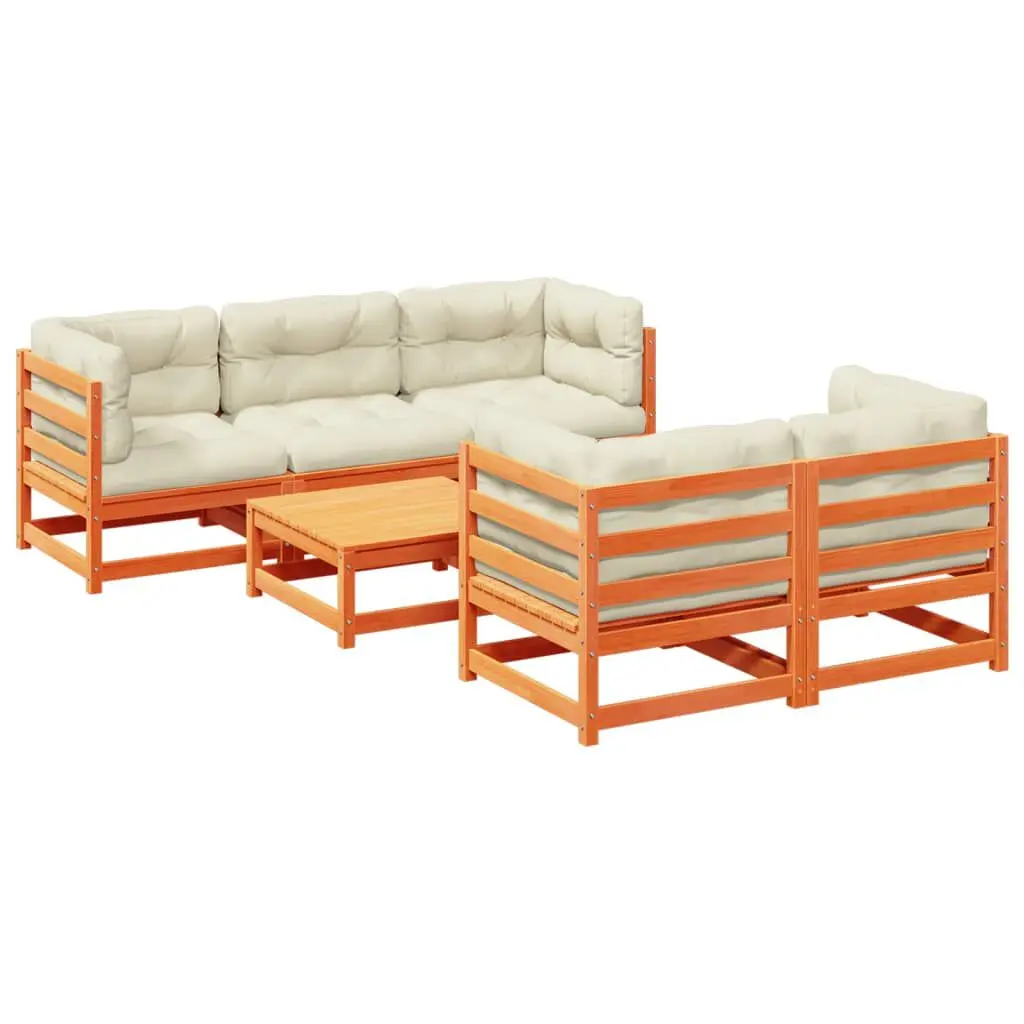 6 Piece Patio Sofa Set Cushions Wax Brown Solid Wood Pine Outdoor Seating