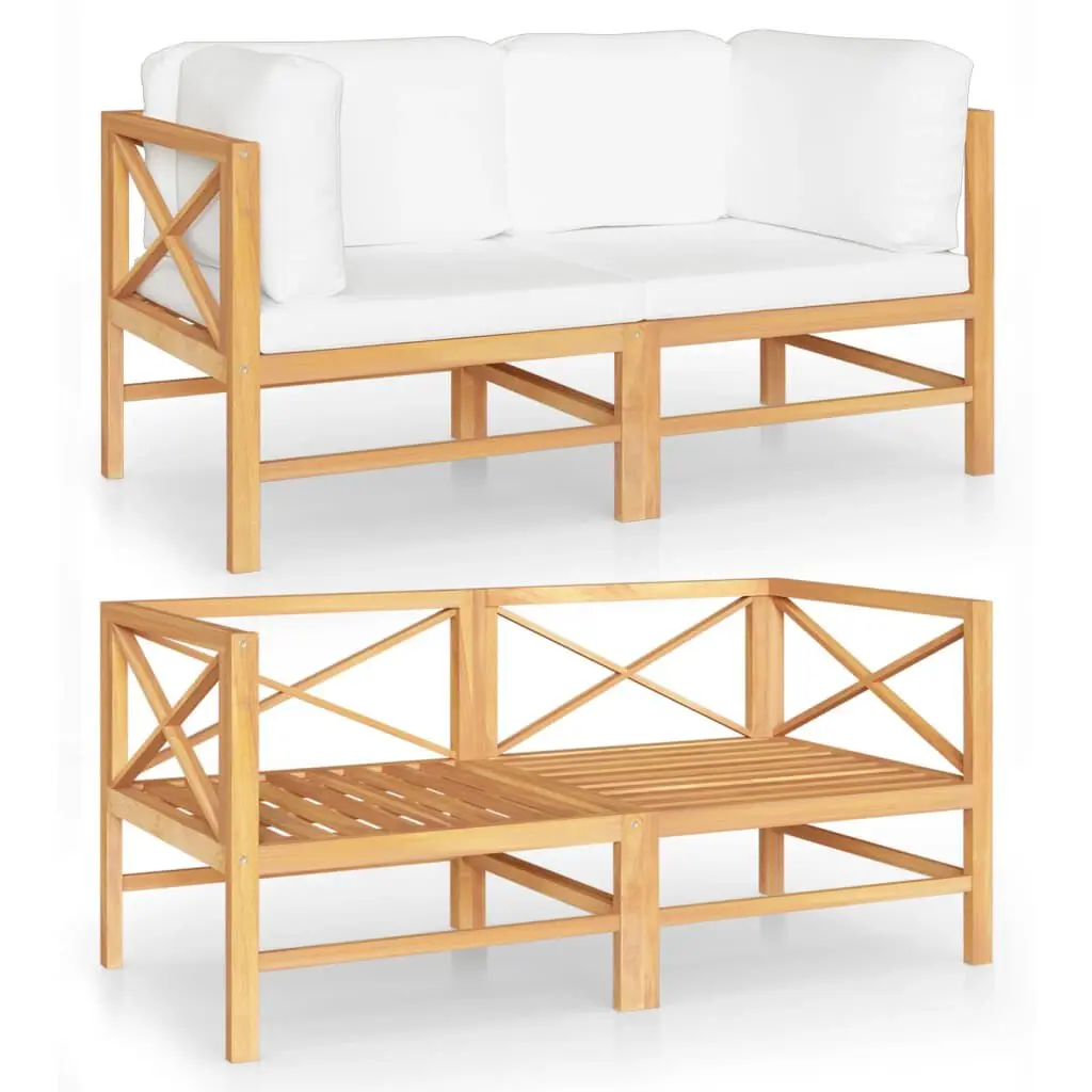 2-Seater Patio Sofa Cream Cushions Solid Teak Wood Outdoor Loveseat