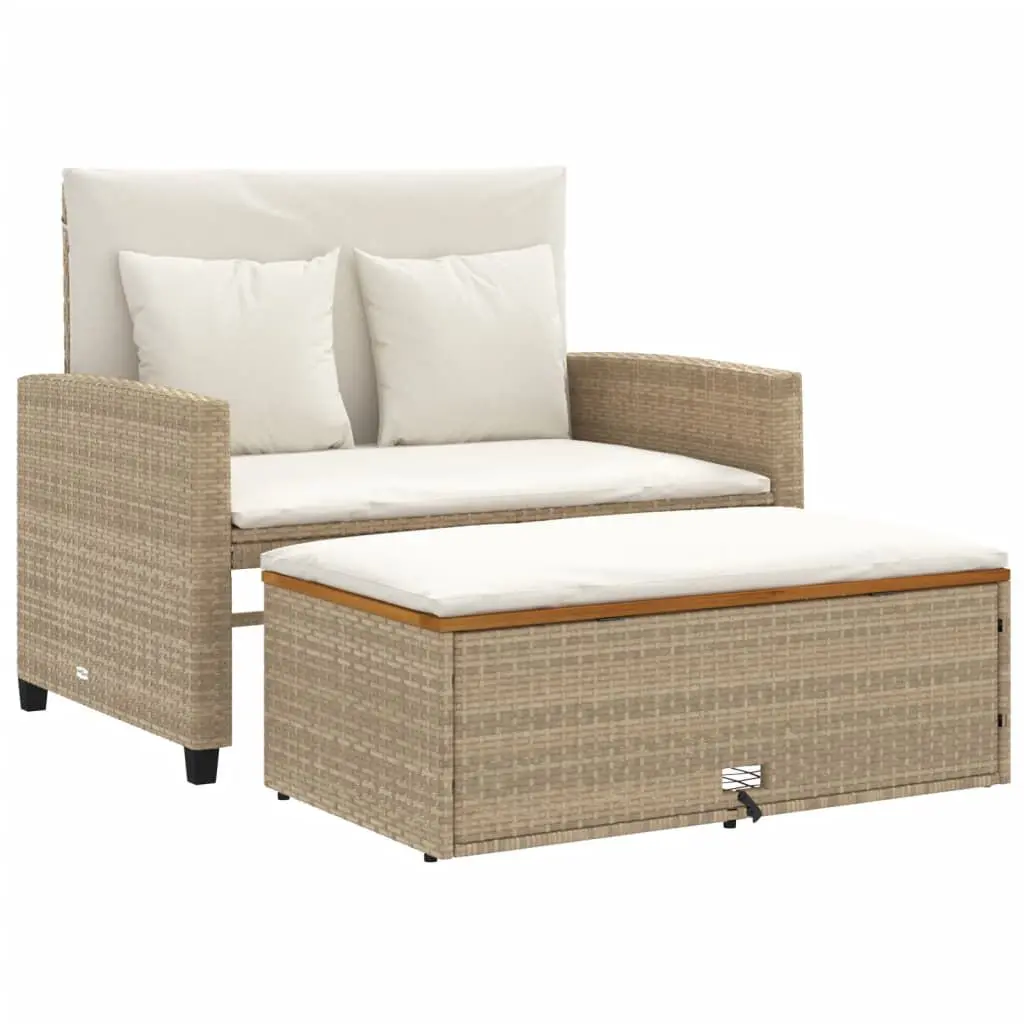 2-Seater Patio Sofa Cushions Beige Poly Rattan and Acacia Wood