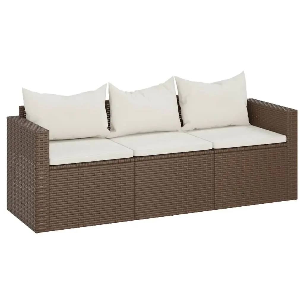3-Seater Patio Sofa Cushions Brown Poly Rattan Outdoor Furniture