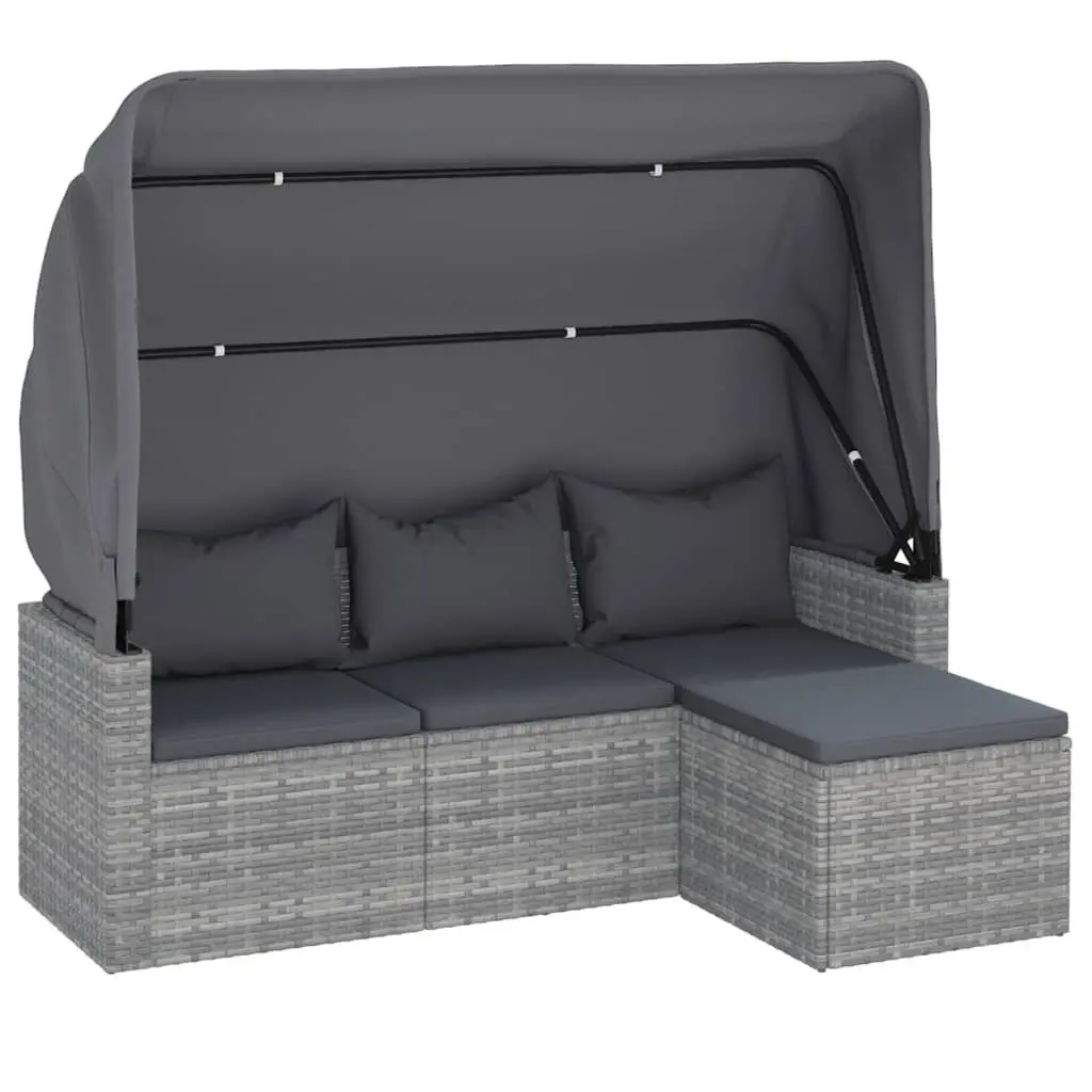 3-Seater Patio Sofa Roof and Footstool Gray Poly Rattan Outdoor Set
