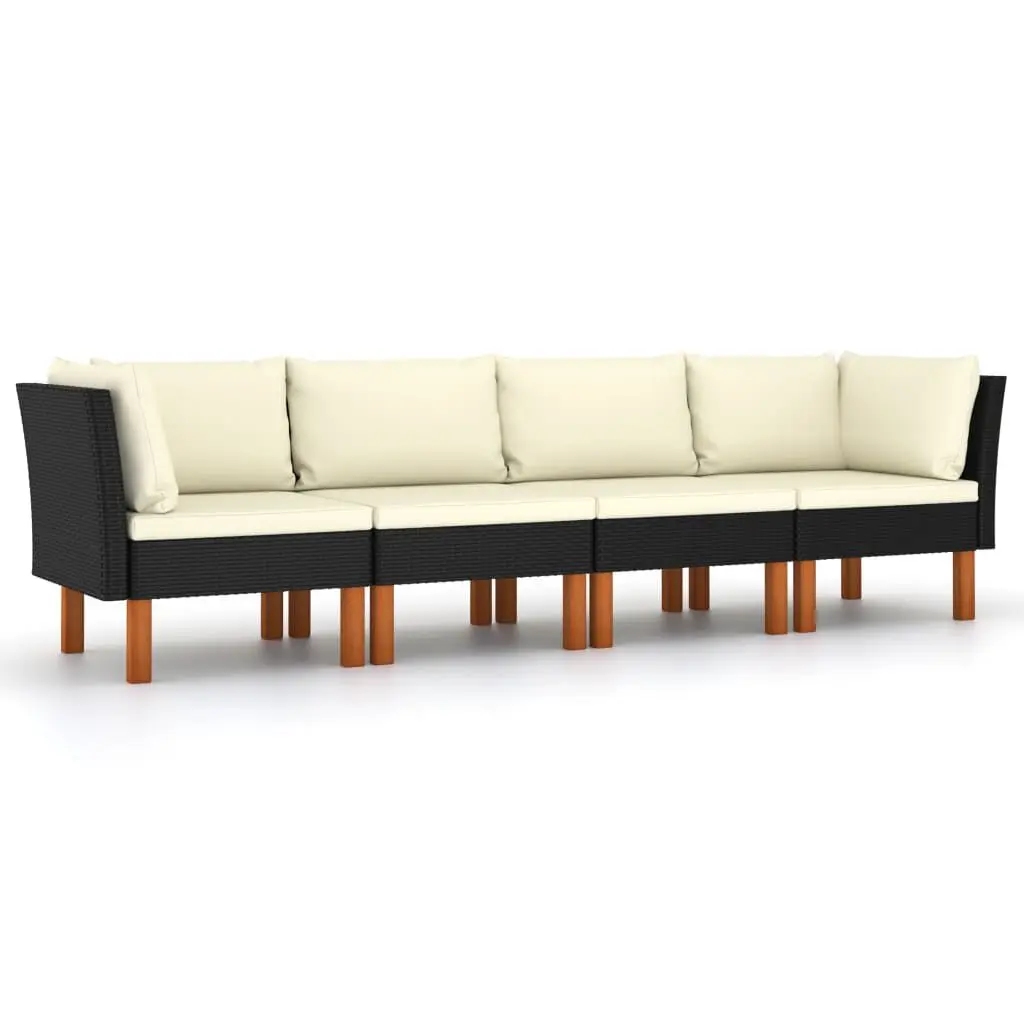 4-Seater Black Poly Rattan Patio Sofa Cushions Outdoor Lounging