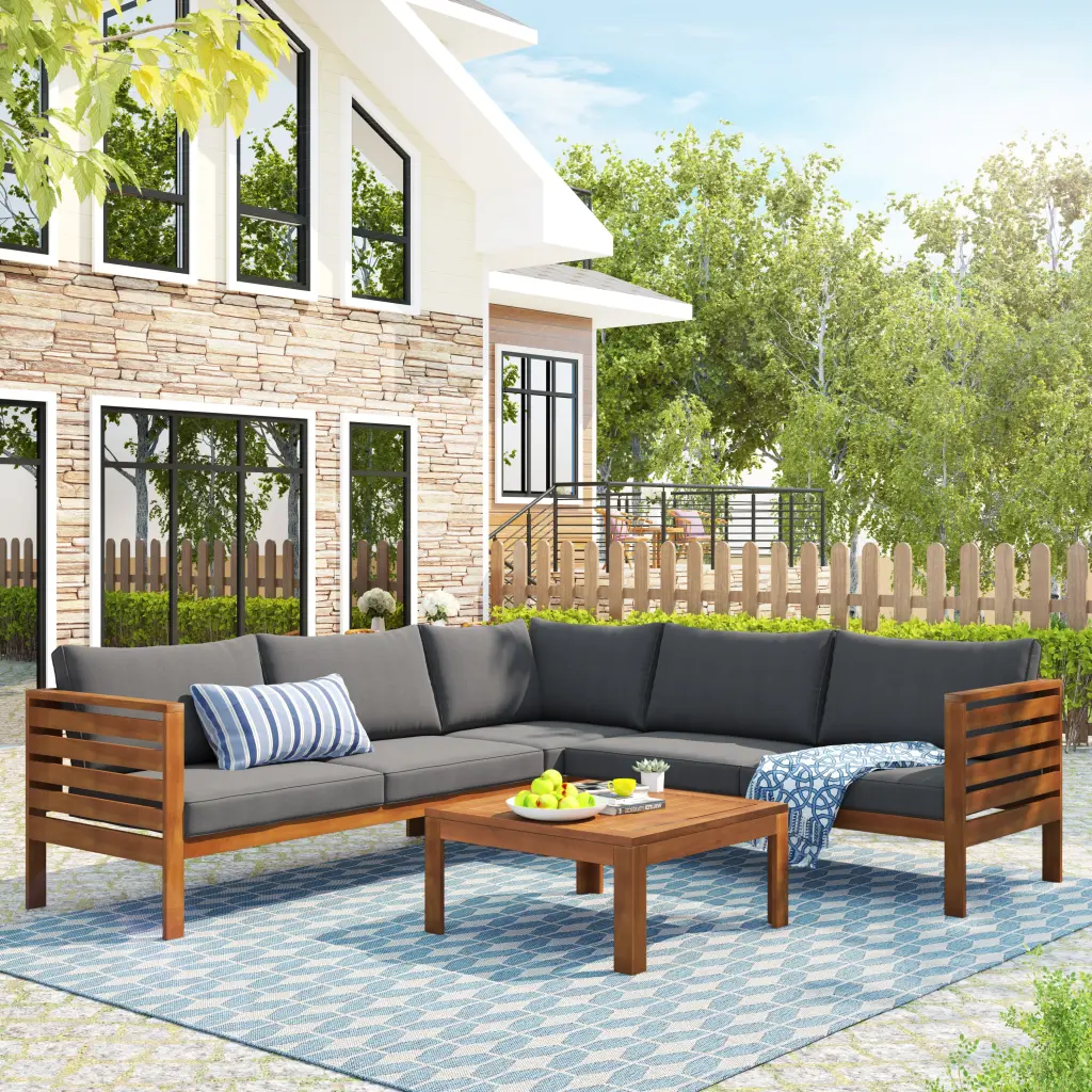 Timber Structure Outdoor Sofa Set Gray Cushions Exotic Design go