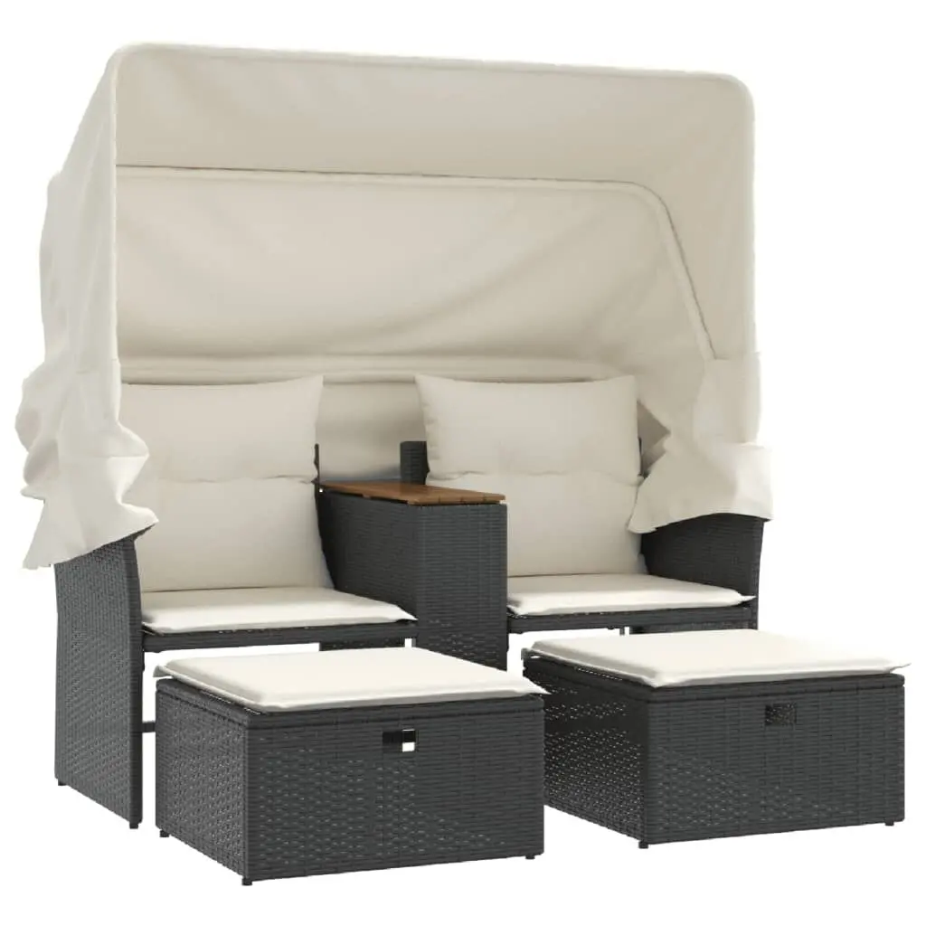 Patio Sofa 2-Seater Canopy and Stools Black Poly Rattan Outdoor Lounge